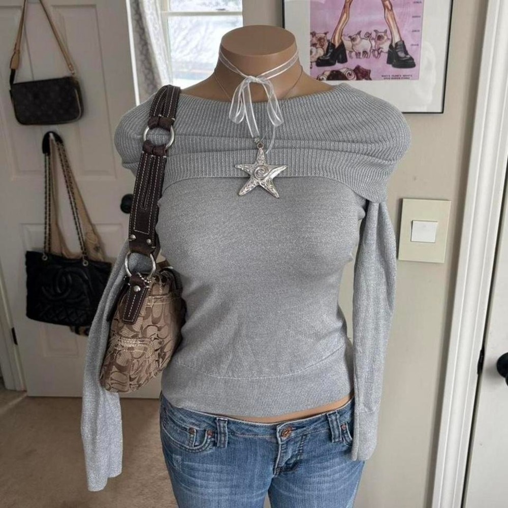 Y2K 2000s Grey Foldover Off Shoulder Sweater